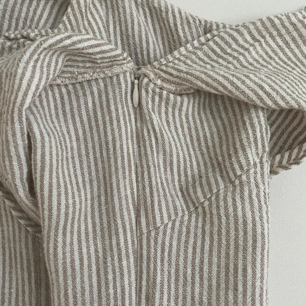 INTERMIX Linen Blended Pinstriped Beige/Cream, One Shoulder Ruffle Romper, Small - Picture 14 of 16